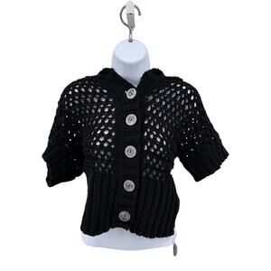Free People Open Knit Cardigan Black Sweater Button Up XS Hooded WMNs Sheer SS